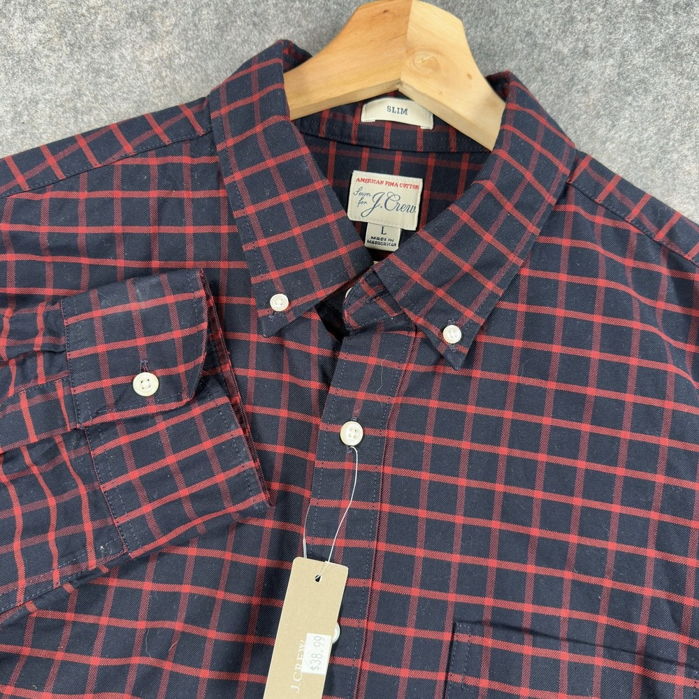 J.Crew Oxford Slim Shirt Mens Large Blue Red Check Cotton Long Sleeve Button